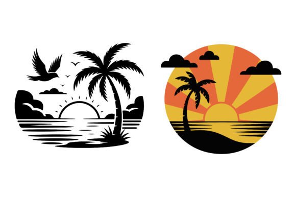 Download Tropical Sunset Silhouette with Red Rays - Premium Resources