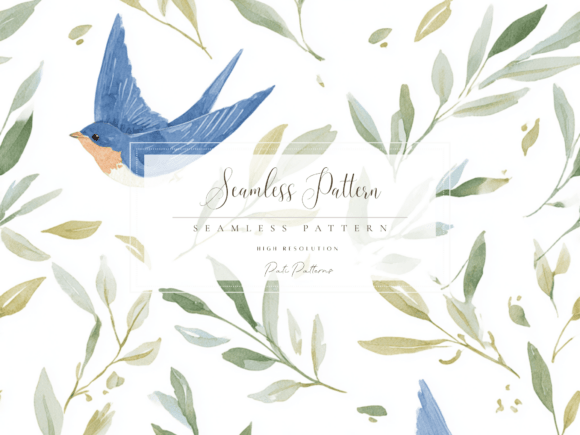 Download Swallow Bird Seamless Pattern with Olive Leaves - Premium Resources